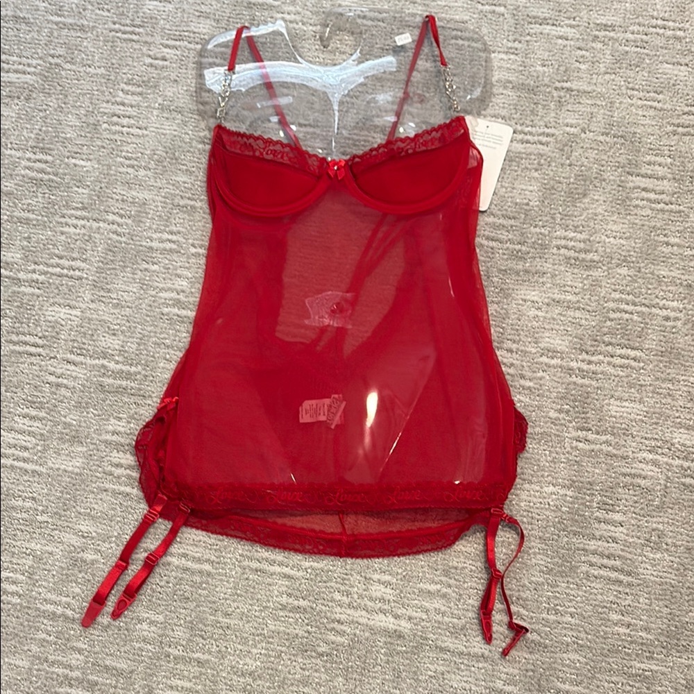 Shirley of Hollywood Red Chemise with Lace and Garter Straps